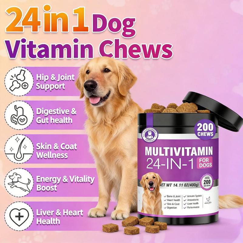 SALAN 24-in-1 Dog Multivitamin Soft Chews, 200 Count, with Glucosamine, Probiotics & Omega 3, Chicken Flavor
