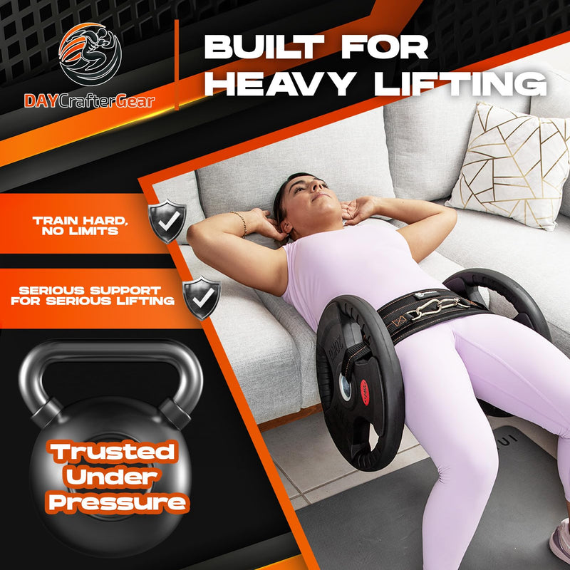 Hip Thrust Belt for Weights, Dumbbells & Kettlebells – Heavy Duty Glute Workout Equipment for Plates up to 300 lbs, with bonus straps for Dips & Squat Belt for Home & Gym