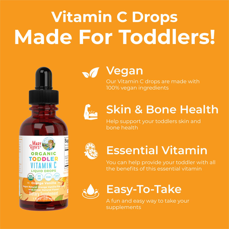 MaryRuth Organics Toddler Vitamin C Drops | USDA Organic Vitamin C Liquid Drops for Toddler | Ages 1-3 Years | Vitamin for Immune Support & Overall Health | Vegan | Non-GMO | Gluten Free | 30 Servings Orange Vanilla 1 Fl Oz (Pack of 1) - BeesActive Australia