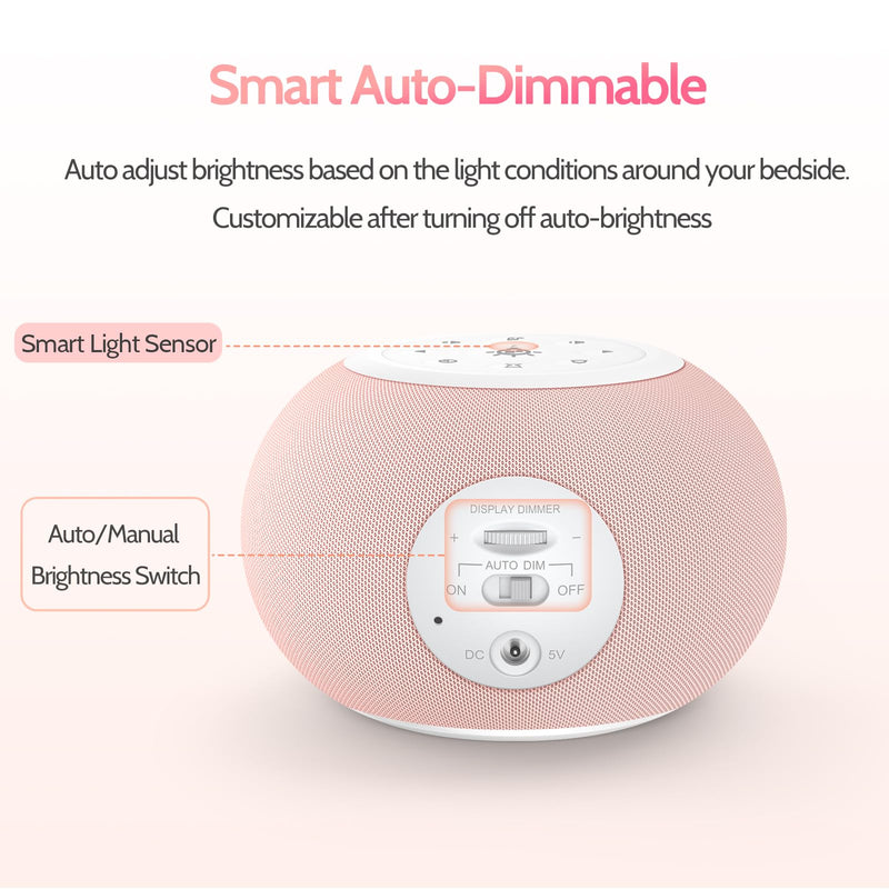 Reacher Auto Dimmable Sound Machine Alarm Clock with Night Lights, 20 Soothing Sounds, Sleep Timer, Precise Volume Control, Cute White Noise Soother for Girls, Kids, Bedrooms, Office Pink