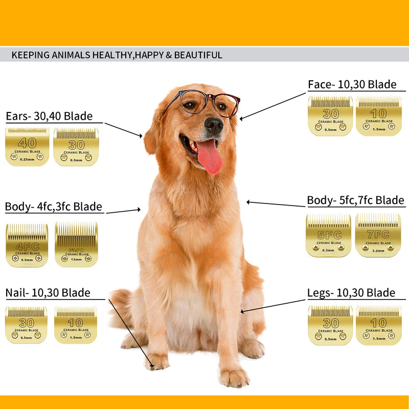 Detachable Pet Dog Grooming Clipper Ceramic Blades Set,Compatible with Andis,Oster A5,Wahl KM10 Series Clippers,Size 7FC/5FC/4FC/3FC 4 Pack,Gold 7fc+5fc+4fc+3fc - BeesActive Australia