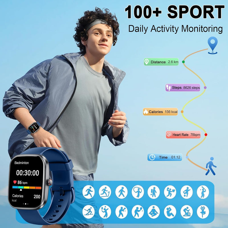 Smart Watch(Answer/Make Call), 1.91" Smartwatch for Men Women, NEW Fitness Watch with 110+ Sport Modes, Fitness Activity Tracke with Pedometer/Sleep Monitor/Heart Rate/IP68 Waterproof, for Android iOS Deep Blue - BeesActive Australia