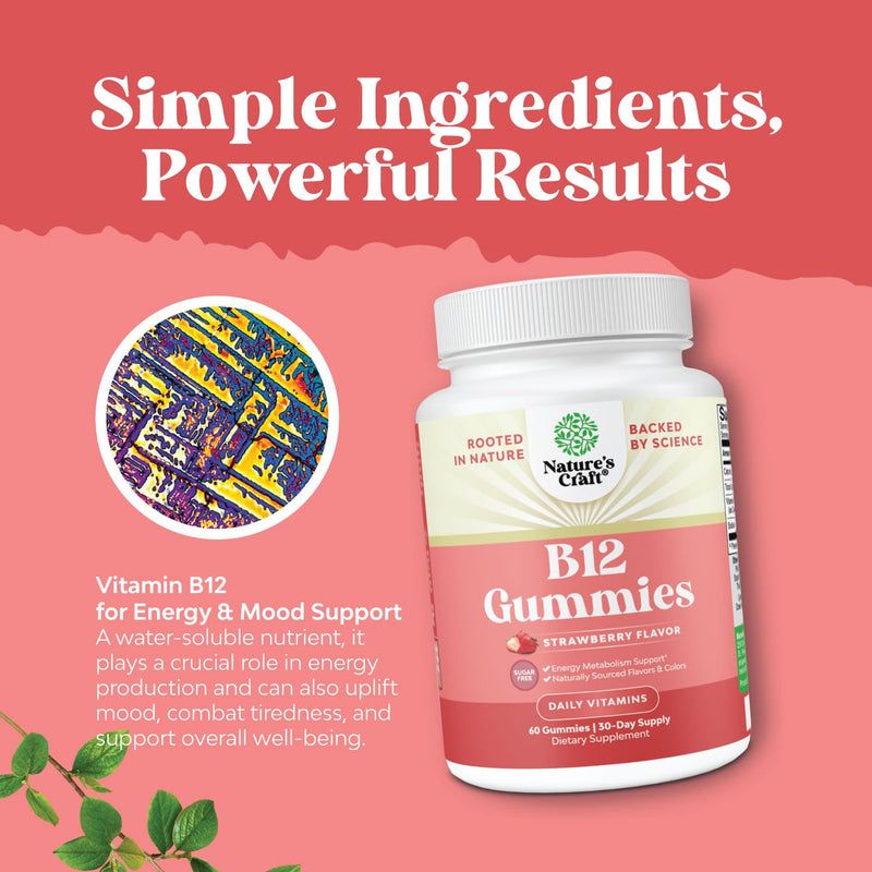 Natures Craft Sugar Free Vitamin B12 Gummies 1000mcg - 60 Count | Chewable B12 gummies for energy, mood, immune & nerve health support; kosher & gluten-free 60 Count (Pack of 1)
