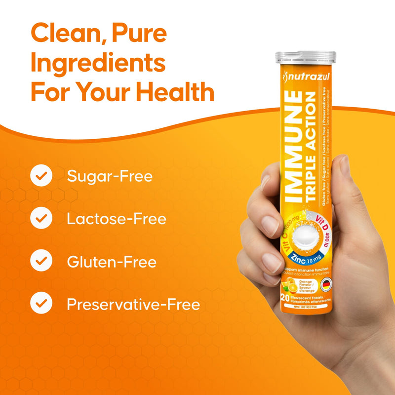 nutrazul Immune Triple Action Effervescent Tablets with Vitamin C 1000mg, Vitamin D, Zinc, Support Daily Routine, Gluten-Free, Sugar-Free, Lactose-Free, Orange Flavor, 20 Tablets (Pack of 5x20) 20 Count (Pack of 5)