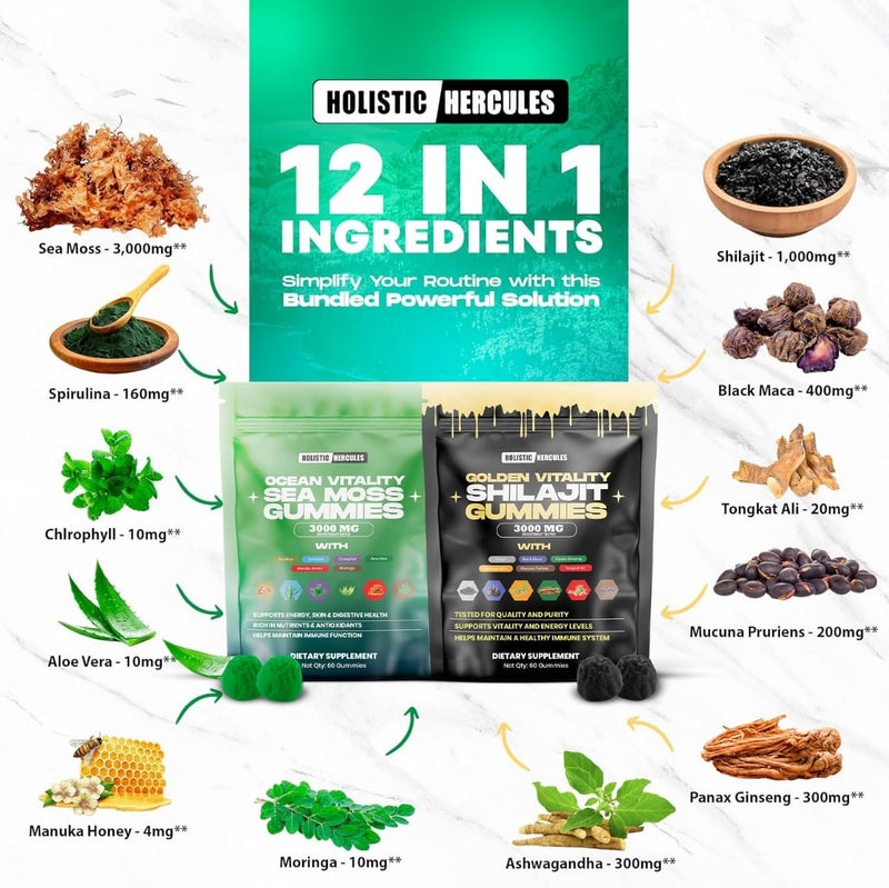 Sea Moss & Pure Himalayan Shilajit Gummies Gold | 100% Natural Organic Vegan | No Added Sugar | Ashwagandha Tongkat Ali Ginseng Spirulina Moringa Manuka Honey | 60 Gummies 2 Pack