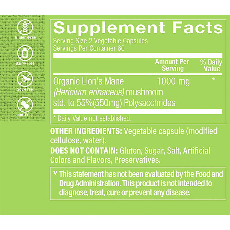 The Vitamin Shoppe Organic Lion’s Mane Mushroom, 1000 MG, 120 Caps | Organic Nootropic Mushroom Formula to Support Cognitive Function and Focus 1 Count (Pack of 1)