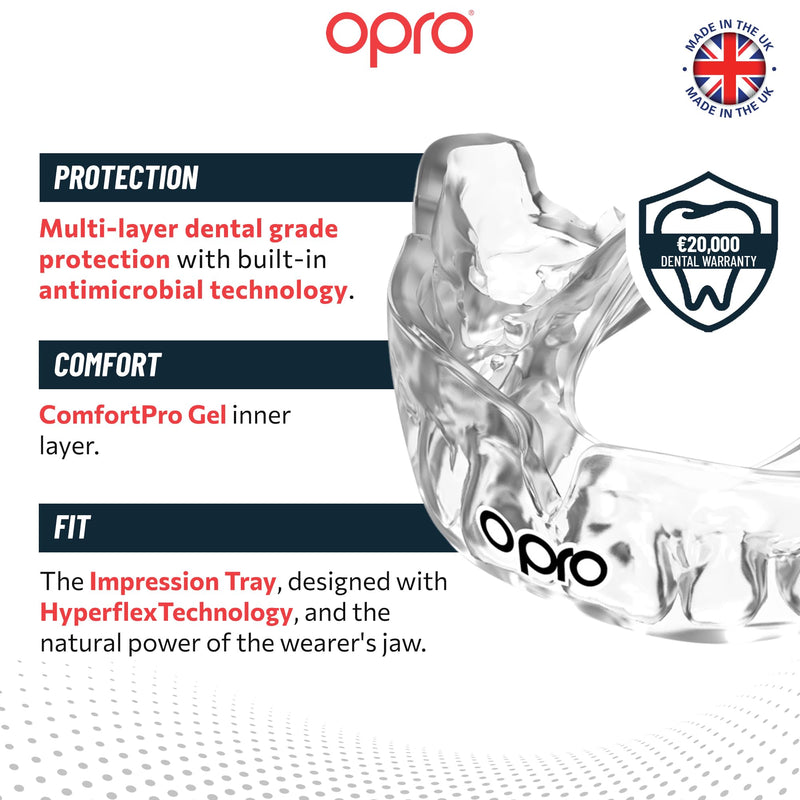OPRO Instant Custom-Fit Mouth Guard, Dentist-Level Comfort, Protection & Fit - Moldable Mouthguard for Football, Boxing, Rugby, MMA, BJJ, UFC Mouth Piece- Includes Mouth Guard Case (Clear, Adult) Clear/White Adult (10+) - BeesActive Australia