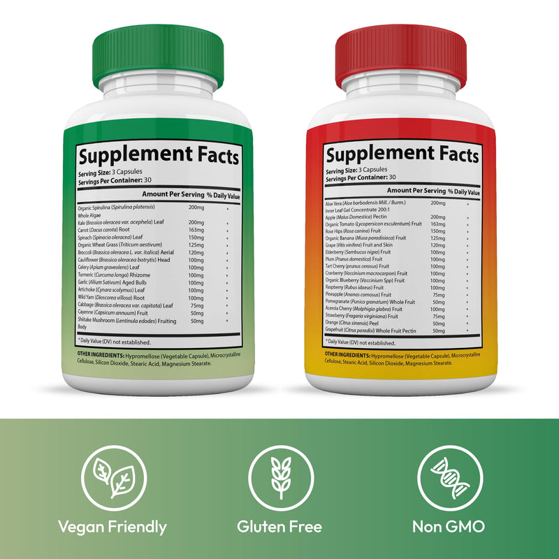 Justified Laboratories Superfoods Set - Includes Vital Fruits (90 Capsules) + Vital Veggies (90 Capsules) - Non-GMO, Vegan - 30 Servings per Bottle 90 Count (Pack of 2)