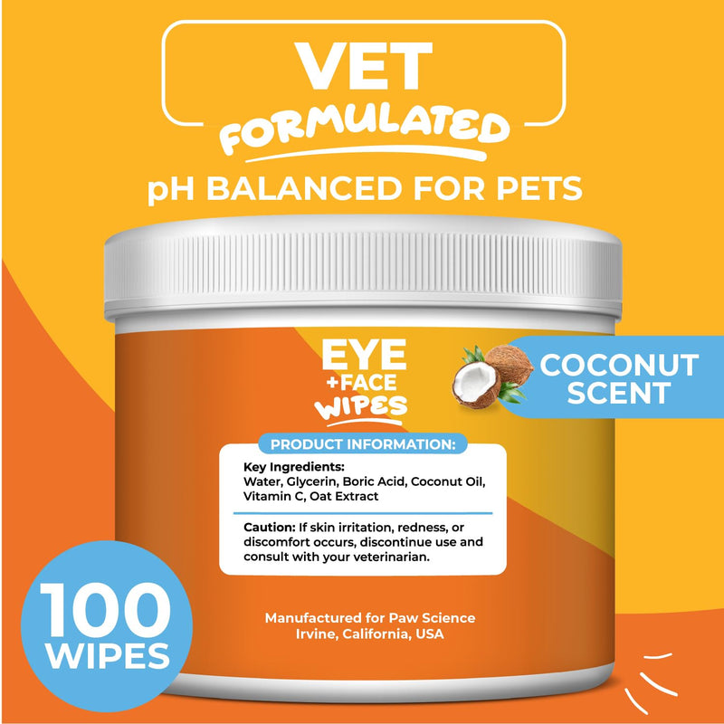 Dog Eye Wipes (100 Count) Hypoallergenic Eye & Face Wipes for Dogs & Cats - Pet Tear Stain Remover & Cleaner - Cleans & Removes Discharge, Crust, & Gunk (Coconut) Coconut