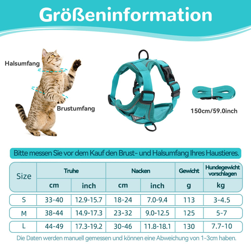 Adjustable cat harness escape-proof, cat harness with leash set, soft harness for cat, chest harness for cats, kittens, dogs, puppies (Blue Lake -M) M Blue Lake - BeesActive Australia