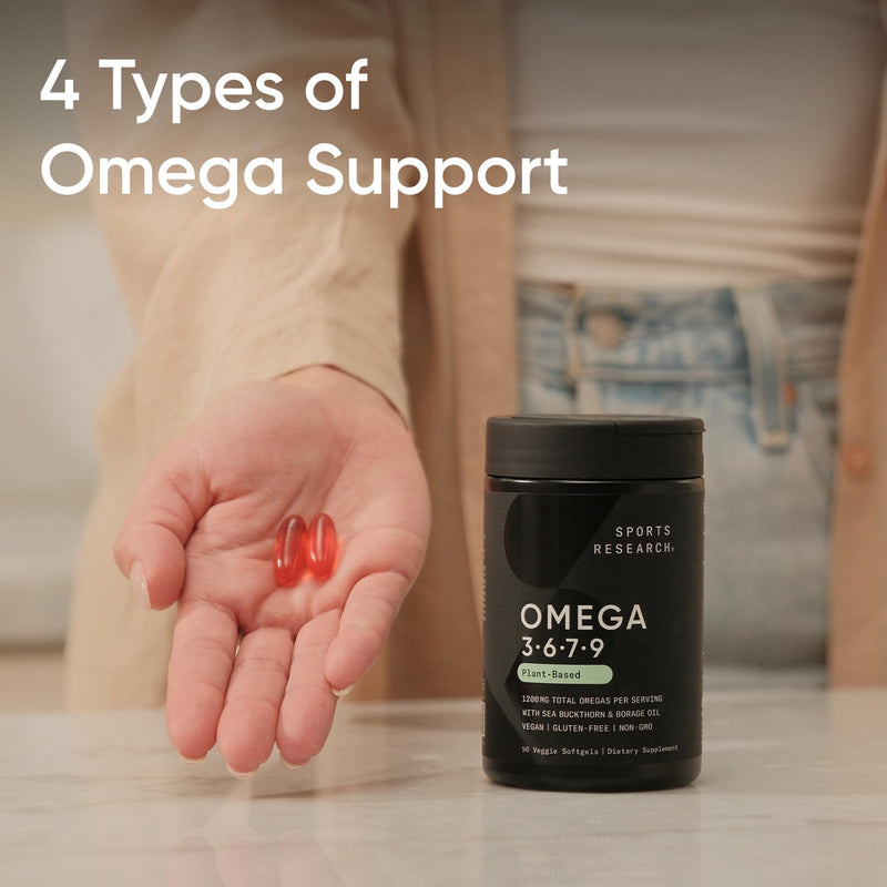 Sports Research® Vegan Omega 3·6·7·9 Complex 1635mg, 90 Count Plantgels™ | Sourced from Organic Flaxseed, Olive Oil, Sea Buckthorn, Pomegranate Seed, Sacha Inchi, Borage Oil
