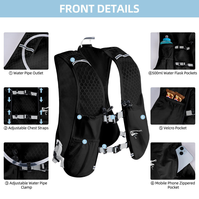 Hydration Backpack for Women Men, Lightweight Running Vest with 1.5L Water Bladder, Breathable Water Backpack for Hiking Running Cycling Climbing-White/Black Black