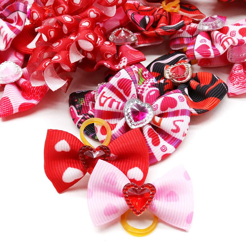 60Pcs Valentines Dog Bows with Rubber Bands Love Heart Dog Bowknot Hair Bows Red Pink PuppyTopknot Bows for Valentines Day Doggie Cat Bunny Yorkie Pet Hair Grooming Accessories Valentine's Day - BeesActive Australia