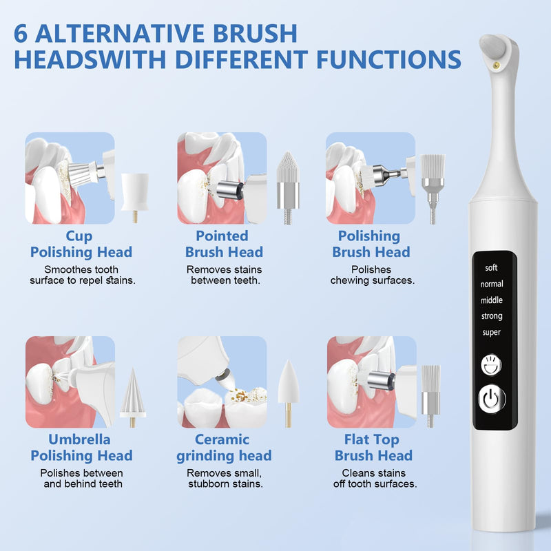 Teeth Polisher Kit: 6 Heads, 5 Speed Modes - for Teeth Cleaning Tools, Suitable for Daily Home Use,USB Rechargeable Teeth Whitening Kit with LED Light - BeesActive Australia