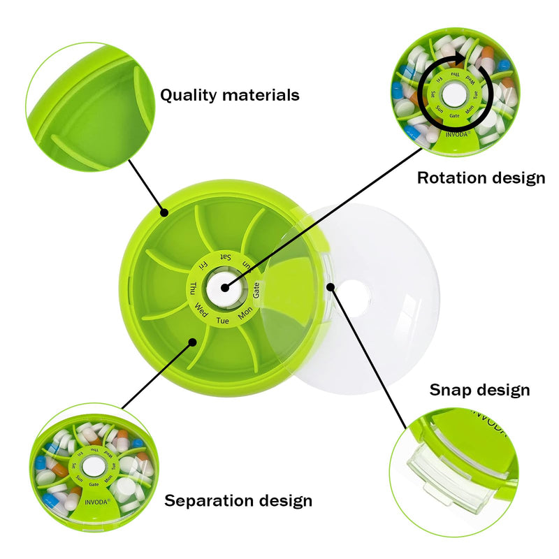 3PCS Weekly Pill Organizer Travel Pill Container Small Portable Pill Case | Cute Round Rotate Pill Dispemser 7 Day Daily Pill Box for Fish Oil Supplements Vitamins, Arthritis Friendly and Portable Green 3pcs