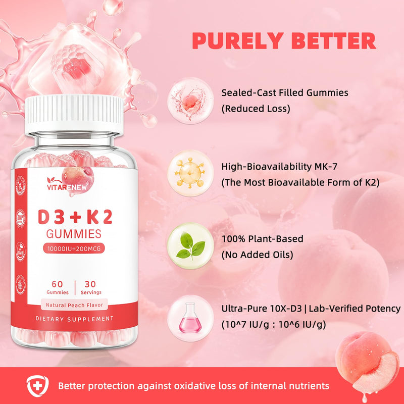Vitamin D3 & K2 Gummies (2-Pack, 120 Count), Vitamin D3 10000IU, K2 (MK-7) 200mcg, with Zinc, Plant-Sourced K2 from Chickpea – Supports Bone, Heart & Immune Health,Non-GMO, Gluten-Free, Peach Flavor