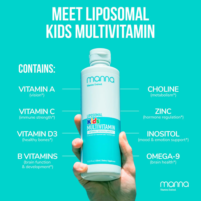 Manna Vitamins Evolved Liposomal Kids Multivitamin - Vitamin D3 & Vitamin A - Vitamin B12 & Vitamin C Supplement - Children's Liquid Multivitamin - Immune Support Supplement for Children