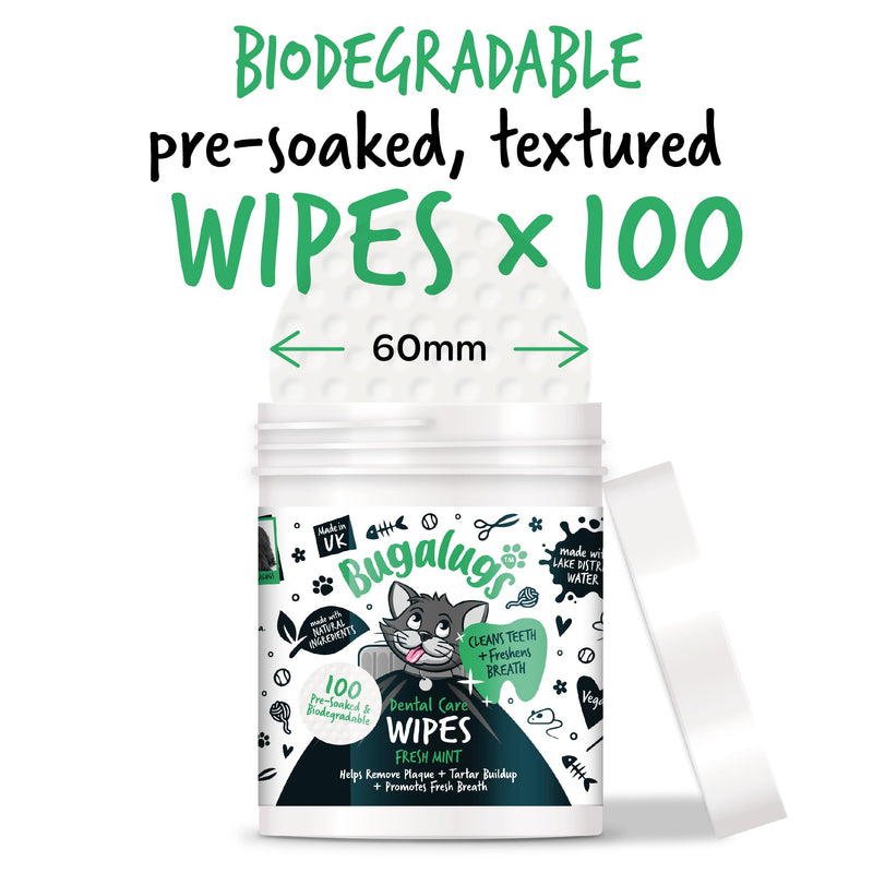 BUGALUGS Cat Breath Freshener Cat Teeth Wipes - Cat Plaque Remover Cat Wipes & tartar remover for teeth. Cat Teeth Cleaning Product No Cat Toothbrush And Paste Brushing Needed (Cat 100 Wipes)