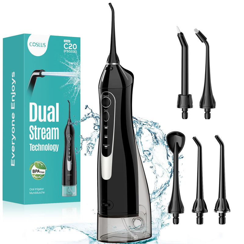 COSLUS Water Dental Flosser Teeth Pick C20(F5020E): Portable Cordless Oral Irrigator 300ML Rechargeable Travel Irrigation Cleaner IPX7 Waterproof Electric Flossing Machine for Teeth Cleaning Black - BeesActive Australia