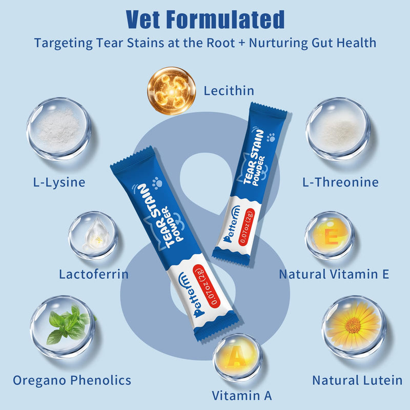 PETTERM Tear Stain Powder for Dogs and Cats - Internal Eye Health Supplement with 6 Billion CFU Probiotics & Lactoferrin - 15 Pre-Measured Sachets, Picky Eater Approved Chicken Flavor (1.06oz)