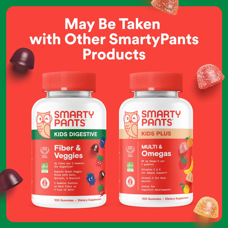 SmartyPants Kids Fiber & Veggies: Prebiotic Fiber Gummies for Kids, Fiber Supplement with Inulin, Organic Green Veggie Blend, Vegan, Gluten Free, Mixed Berry Flavor, 60 Count (30 Day Supply) Fiber + Veggies 60 Count (Pack of 1) - BeesActive Australia
