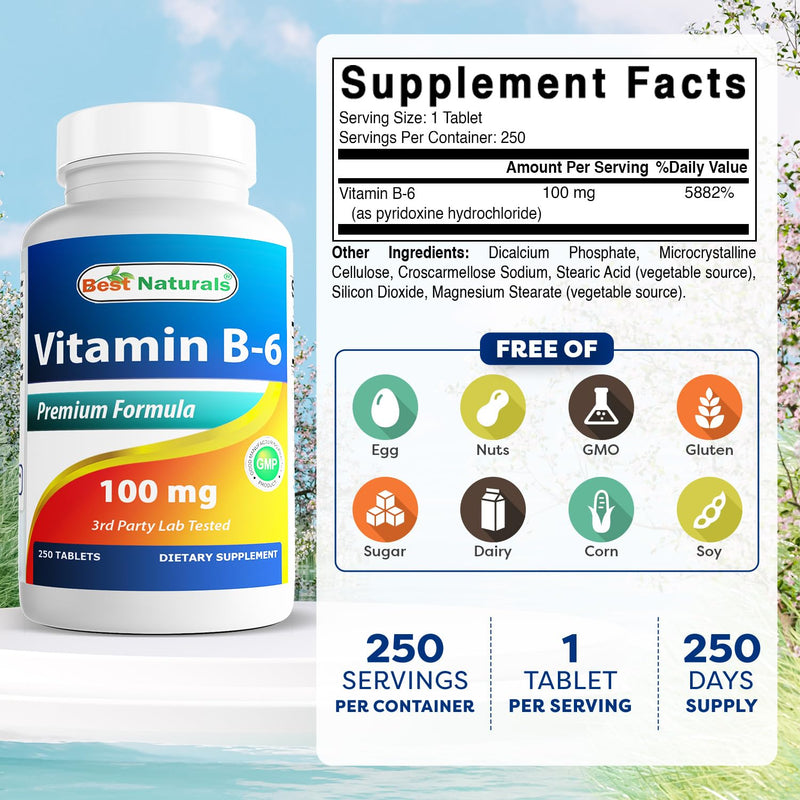 Best Naturals Vitamin B6 Tablet, 100 mg, 250 Count 250 Count (Pack of 1)