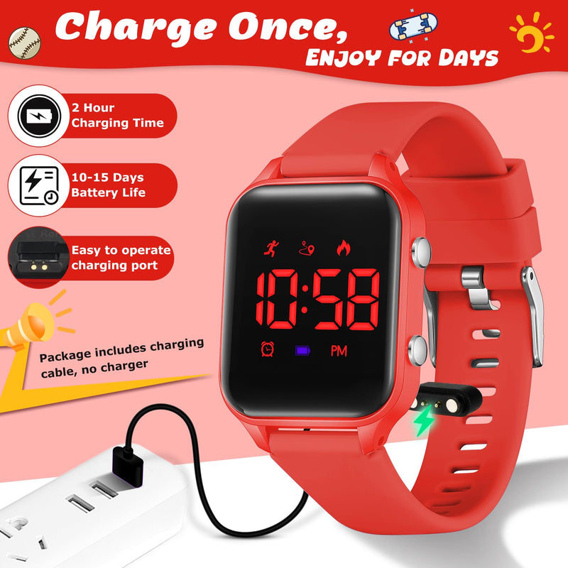 Kids Digital Watches for Boys Girls, Sports Watch with Fitness Tracker, Pedometer, Alarm Clocks, Stopwatch, No App Needed Waterproof Kids Watch, Gift for Teens Student Girls Boys Ages 5-14 L6615E-Red - BeesActive Australia