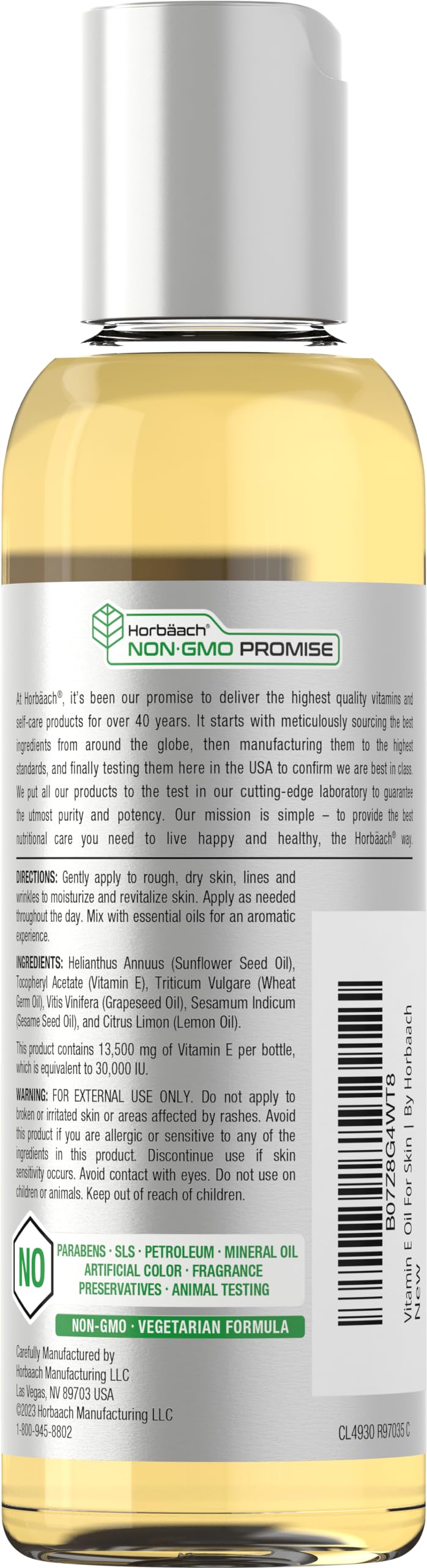 Horbäach Vitamin E Oil For Skin and Face | 4 fl oz | 100% Pure Oils | Moisturizing Skin Care | Non-GMO, Vegetarian | Lemon Scented