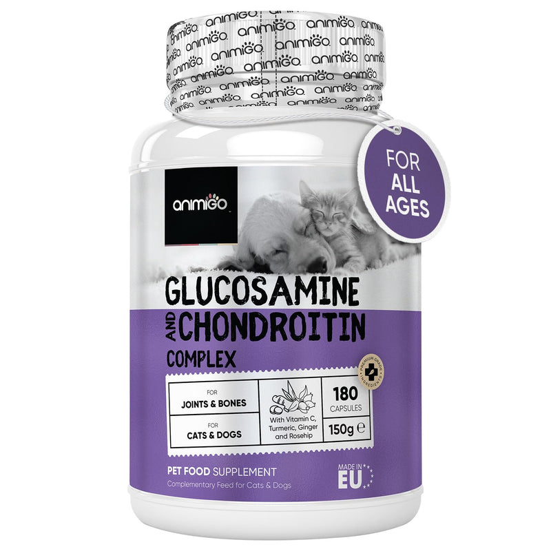 Glucosamine for Dogs & Cats With Chondroitin (1075mg) - 180 Capsules - Hip & Joint Supplement for Dogs & Cats of All Ages - With Turmeric, Ginger, Vitamin C & Rosehip - Cats & Dogs Joint Care