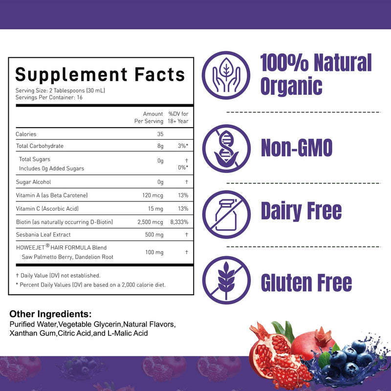 Liquid Multivitamin for Hair Formula | Biotin 2500mcg | Healthy Hair Habits | Clinically Tested for Thicker Hair & Skin Elasticity for Women | Ages 18+ | 16 Fl Oz (Blueberry Pomegranate Flavor) Blueberry Pomegranate Flavor