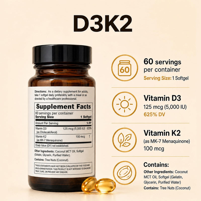 Vitamin d3 k2 Supplement (5000 IU D3+K2 | 100mcg MK7), Vitamin D Softgels with Coconut Oil, K2 D3 Vitamins for Bone & Immune Support, Extra Strength, Easy to Swallow