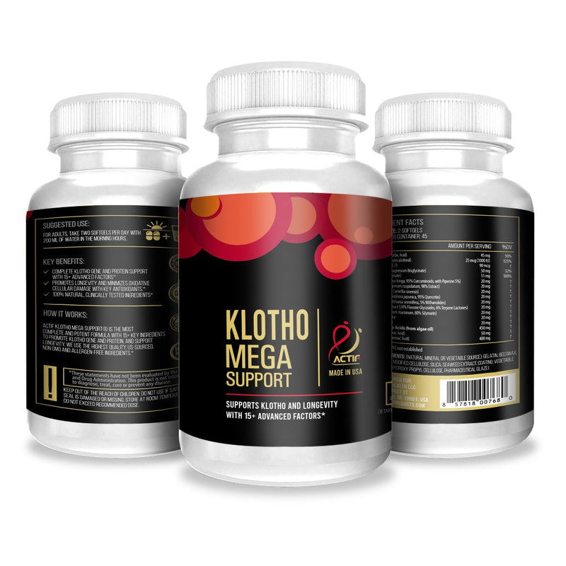 ACTIF Klotho Mega Support with 20+ Advanced Factors for Longevity Support - Non GMO, Made in USA, 90 Count