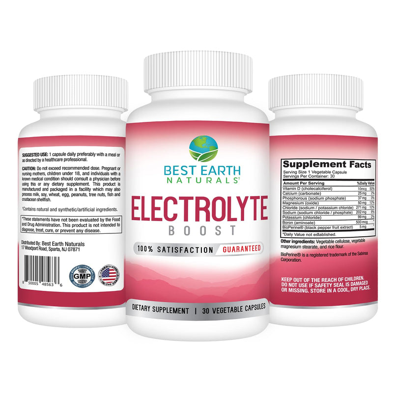 Best Earth Naturals Electrolyte Support Supplement - Support Electrolyte Balance with Vitamin D, Calcium, Magnesium, Sodium, Potassium, Boron and More - 30 ct. Capsules 30 Count (Pack of 1)