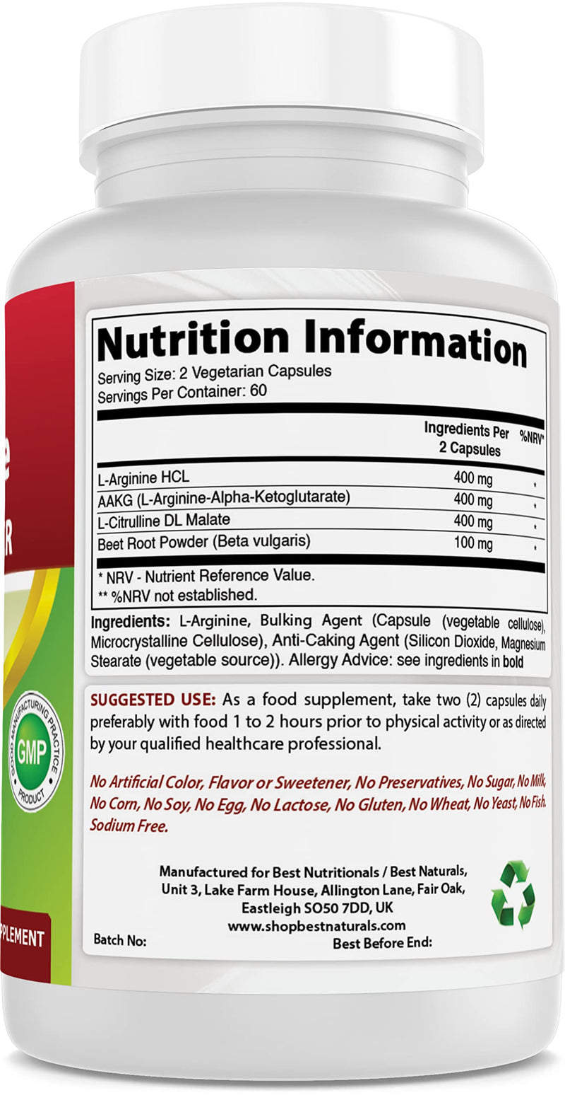 Best Naturals L-Arginine NO Booster Triple Strength 1300 mg Serving 120 Veg Capsules - Made with L-Arginine, AAKG, L-Citrulline, Beet Powder 120 Count (Pack of 1)