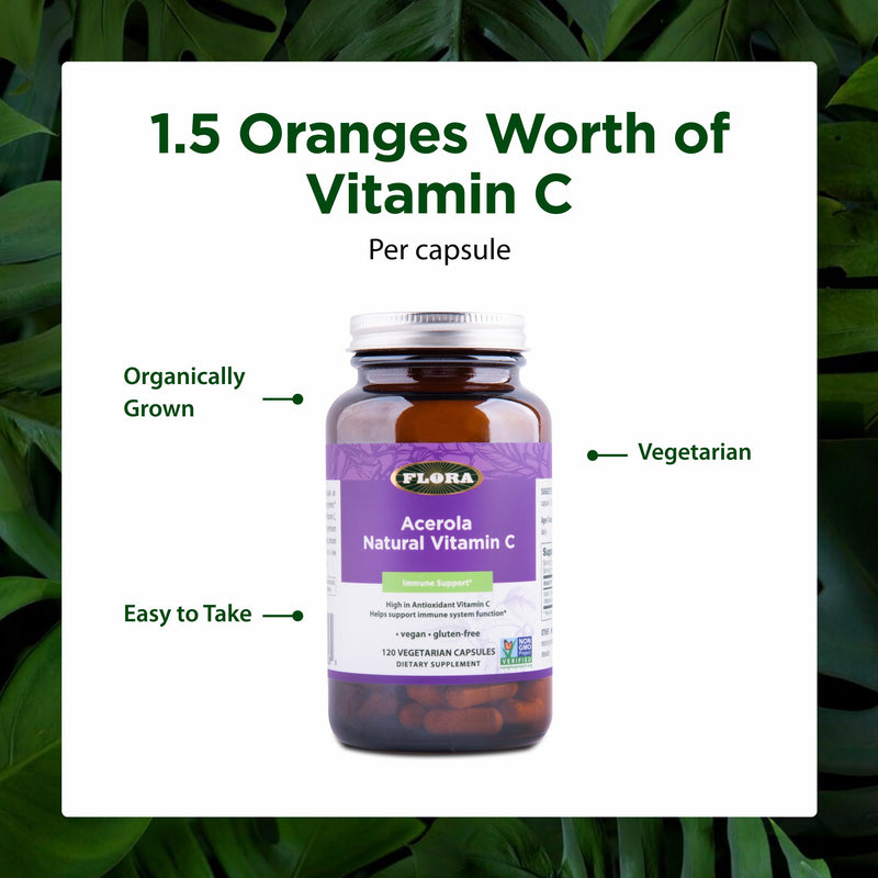 FloraHealth Acerola Natural Vitamin C, Immune Support, 120 Veg Caps | Daily Immune Booster, Gluten Free & Vegan Antioxidant Powder, Glass Bottle