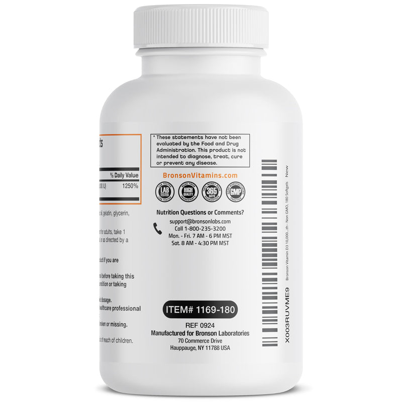 Bronson Vitamin D3 10,000 IU (250 mcg) Immune Support, 180 Softgels | Bone, Muscle, Teeth & Nervous System Support, Once-Daily, Non-GMO, Gluten-Free & Soy-Free 180 Count (Pack of 1)