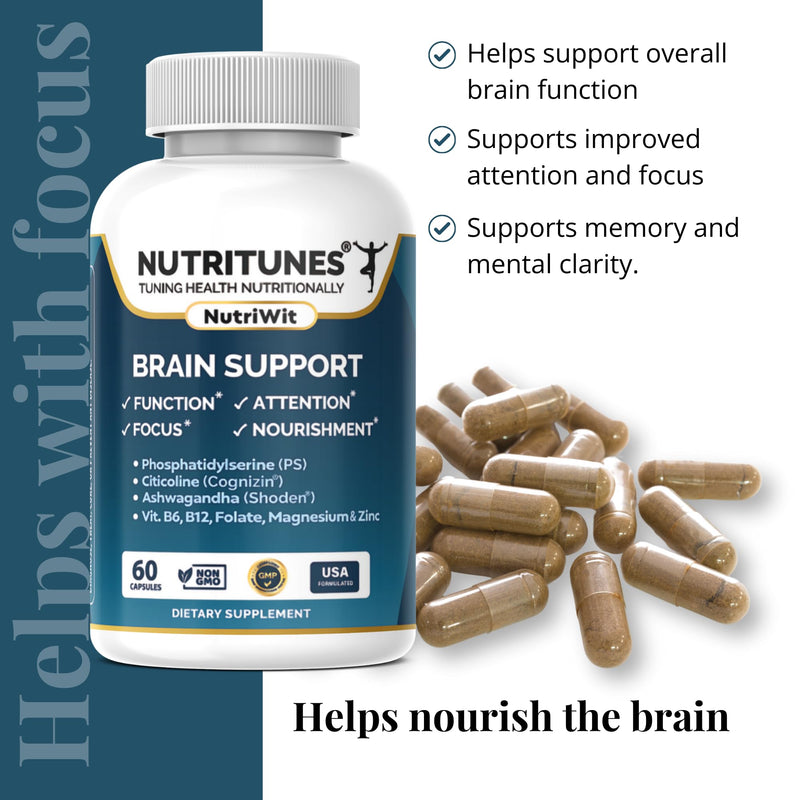 NutriWit Brain Health Supplement - 60 Capsules | Features Cognizin Citicoline, Shoden Ashwagandha, Phosphatidylserine, B Vitamins, Magnesium, and Zinc Blend