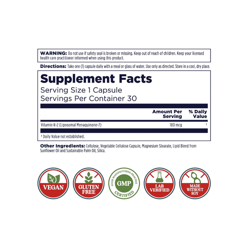 KAL Liposomal Vitamin K2 Supplement with MK7 100 mcg - High Absorption, Liposomal Technology - Advanced Bone Support - Vegan, Gluten Free, Made Without Soy, 30 Servings, 30 VegCaps 30 Count (Pack of 1)