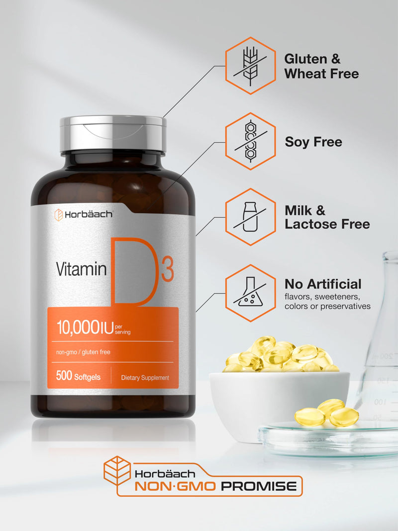 Horbäach Vitamin D3 10000 IU | 500 Softgels | 250mcg | Non-GMO, Gluten Free Supplement | Value Size | High Potency Formula