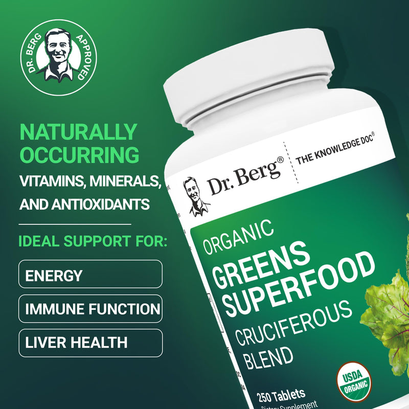 Dr. Berg's Greens Superfood Cruciferous Vegetable Tablets - Vegetable Supplements for Adults w/ 11 Phytonutrient Super Greens Tablets - Energy, Immune System & Liver Veggie Tablets - 250 Tablets Organic Greens Superfood (250 Tablets)
