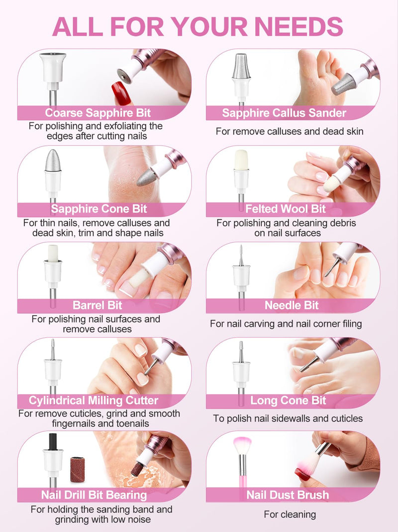 Subay Professional Manicure Pedicure Kit, Electric Nail Drill Set with LED Display, 25000RPM, 11-Piece Attachments Plus 20 Sanding Bands, Nail Grinder Tool for Women Men Baby Pets, with Dust Brush 1.pink - BeesActive Australia