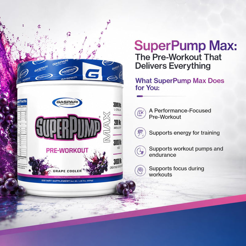 Gaspari Nutrition SuperPump MAX, The Ultimate Pre Workout Powder, Sustained Energy Preworkout, Nitric Oxide Booster, Muscle Growth, Recovery & Replenishes Electrolytes (30 Servings, Grape Cooler)