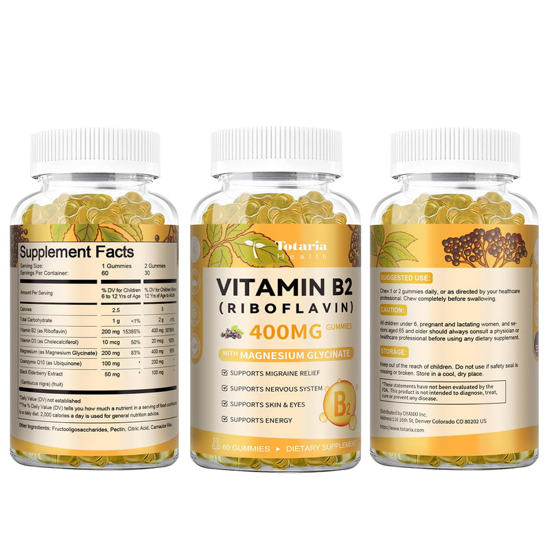 Totaria Vitamin B2 Gummies, Sugar Free Riboflavin 400mg Supplement for Adults & Kids with Magnesium Glycinate 400mg, COQ10 & Elderberry, Skin & Nervous System Support, Non-GMO, 60 Gummies 60 Count (Pack of 1)