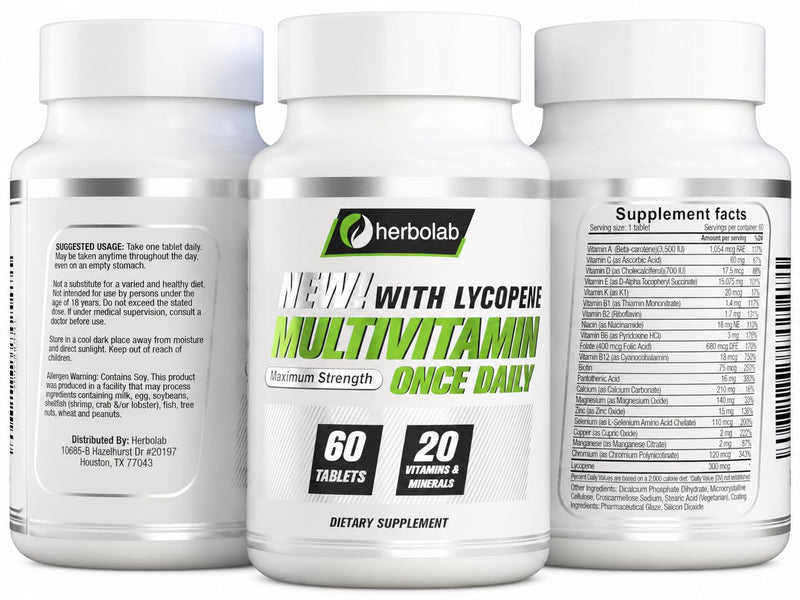 Herbolab Once Daily Multivitamin - 20 Vitamins & Minerals - 60 Tablets | One Tablet Daily, 2 Month Supply, Includes Lycopene, For Men & Women