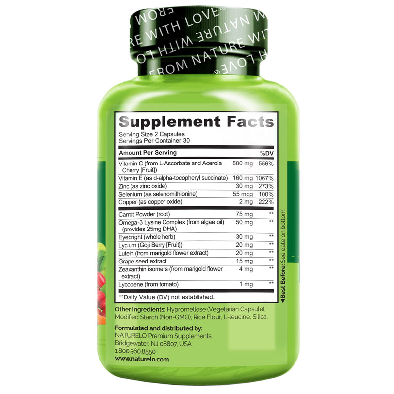 NATURELO Eye Vitamins, AREDS 2 Formula, 60 Vegan Capsules, 2 Pack | Nutrients with lutein, zeaxanthin, vitamin C, vitamin E, zinc, plus DHA, Supplement for Dry Eyes, Healthy Vision, Eye Support Unflavored 60 Count (Pack of 2)