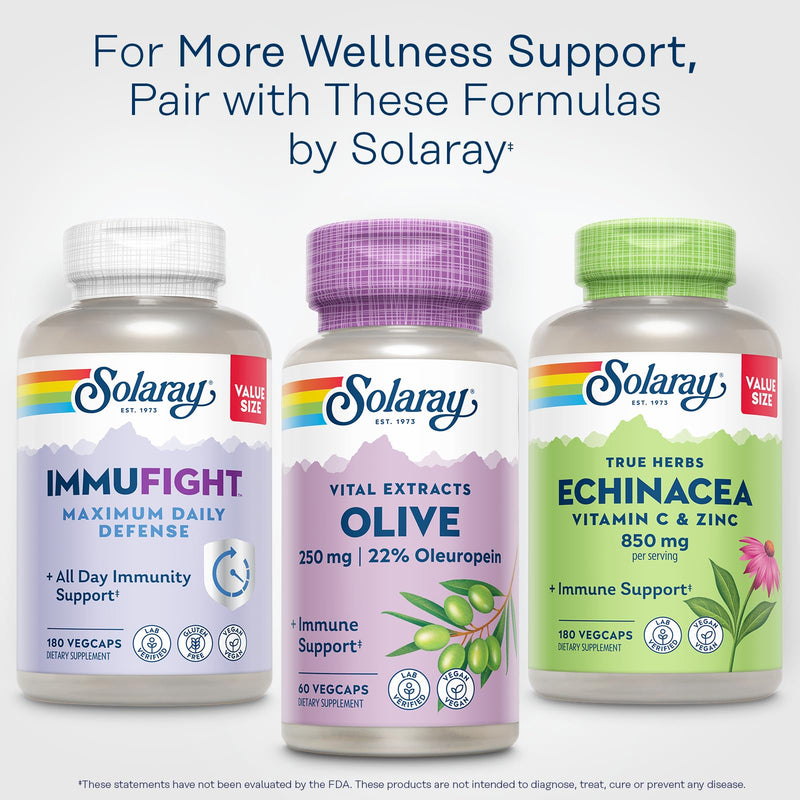 SOLARAY Olive 250mg - Olive Leaf Extract Capsules with 22% Oleuropein, Plus Lemon Balm - Polyphenols Supplement for Wellness Support - Vegan, 60-Day Guarantee, Lab Verified - 120 Servings, 60 VegCaps 60 Count (Pack of 1)