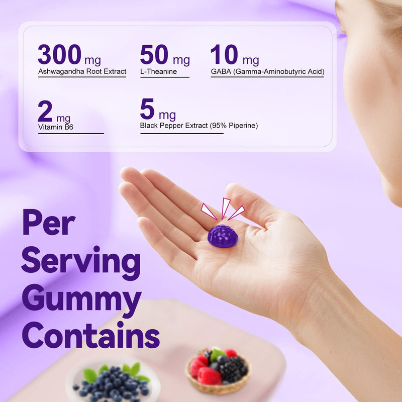 Ashwagandha Gummies 300mg + L-Theanine 50mg, GABA & Vitamin B6 – Plant-Based Mixed Berry Formula with Black Pepper – 120 Count, 60-Day Supply, Non-GMO 120 Count (Pack of 1)