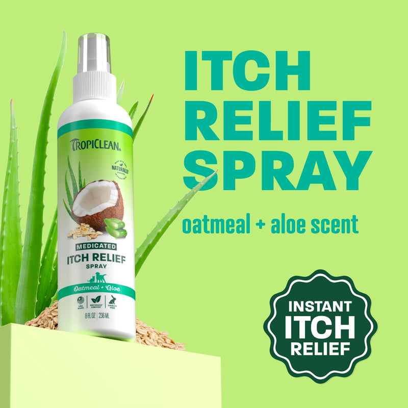TropiClean Medicated Itch Relief Deodorizing Spray, Oatmeal & Aloe Scented, Dog Perfume with Soothing Aloe, 8 oz.
