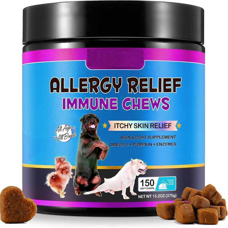 Dog Allergy Relief Chews 150PCS – Itch Relief & Immune Support for Dogs, Helps Support Itchy Skin, Paws, Ears & Coat Health, Omega 3, Probiotics & Vitamins, Peking Duck Flavor, All Breeds & Sizes