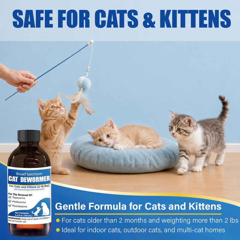 Broad Spectrum Cat Dewormer Liquid for Cats & Kittens (2–16 lbs) – Praziquantel & Pyrantel Pamoate Oral Suspension for Tapeworms, Roundworms & Hookworms, 100 mL with Oral Syringe